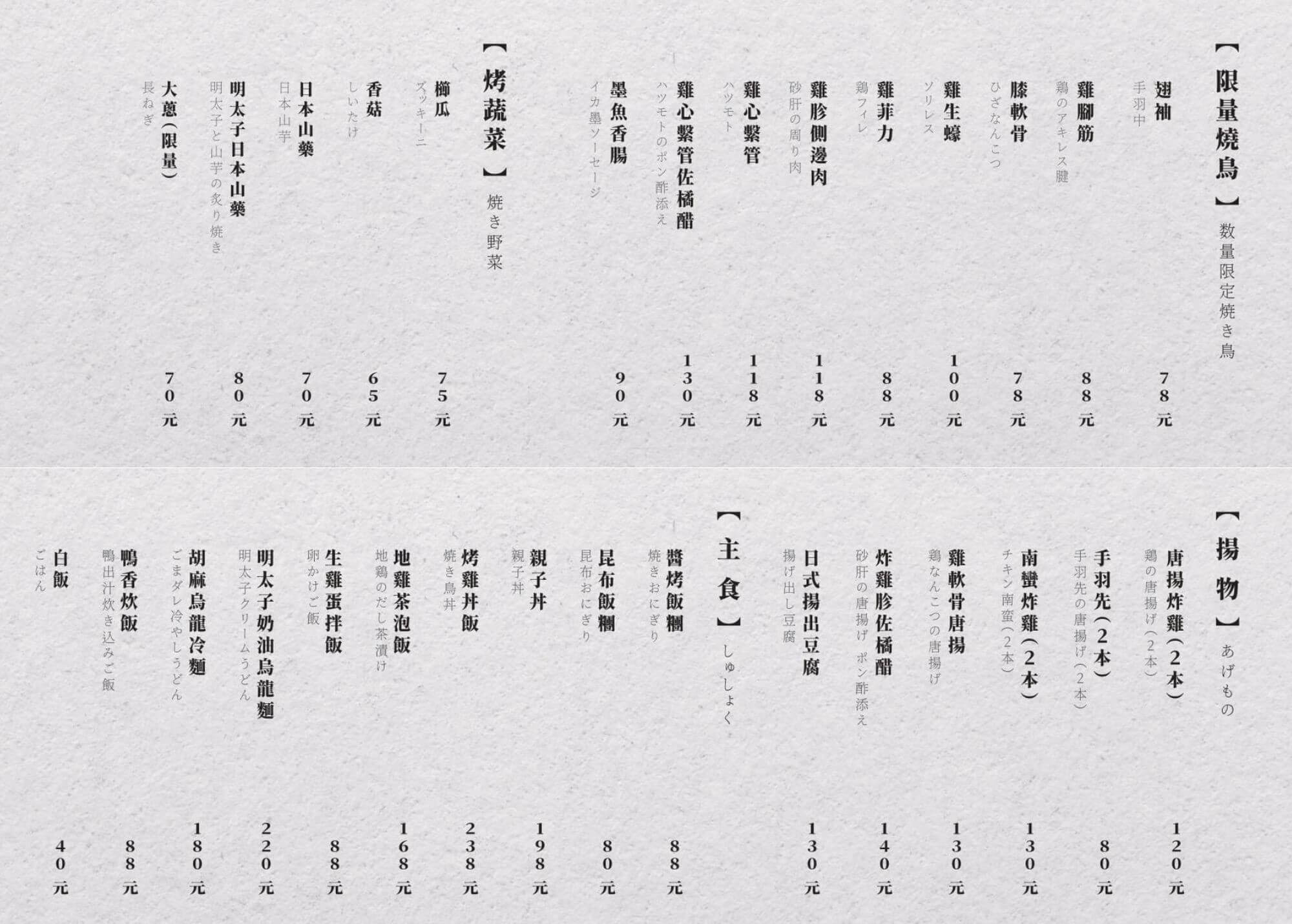 Juju Tainan Store Yakitori Specialist Ochiba ya menu3